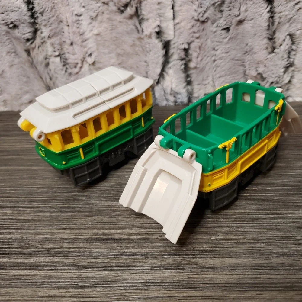 Fisher Price Geotrax Cable Cars - TWO No Motor Push Toys Roof Opens Yellow Green